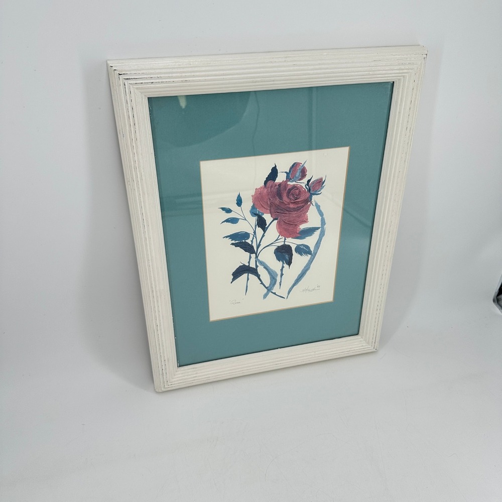 H. Howells Signed Rose Floral Framed Art Vintage Pink Blue White Frame 14x18